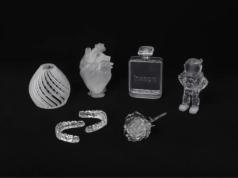 Transparent 3D print of a clear vase showcasing glass-like clarity using PLA filament